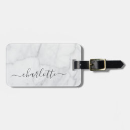 Elegant White and Gray Marble Script Personalized Luggage Tag