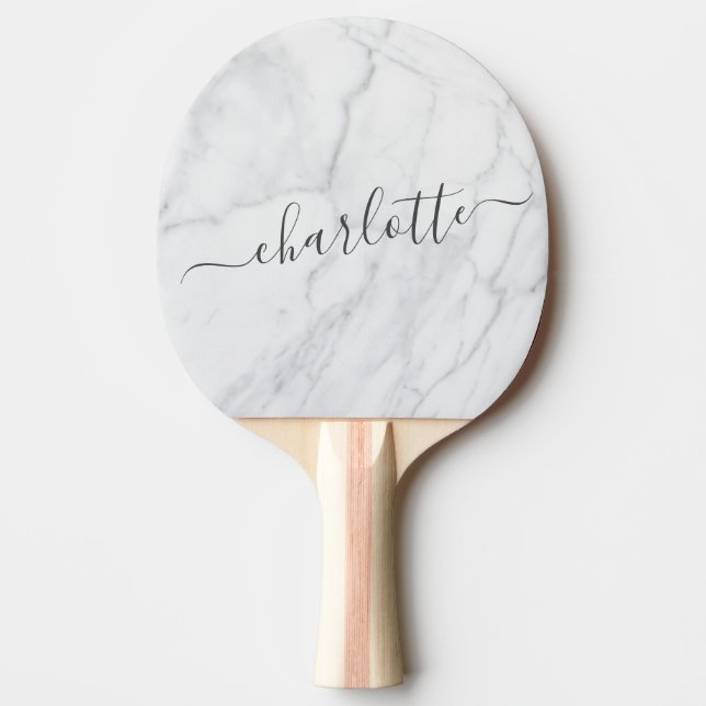 Elegant White and Gray Marble Script Personalized Ping Pong Paddle (Front)