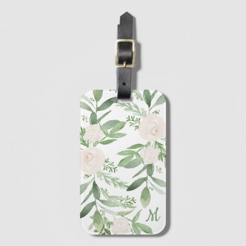 Elegant White and Green Floral Monogram Luggage Tag