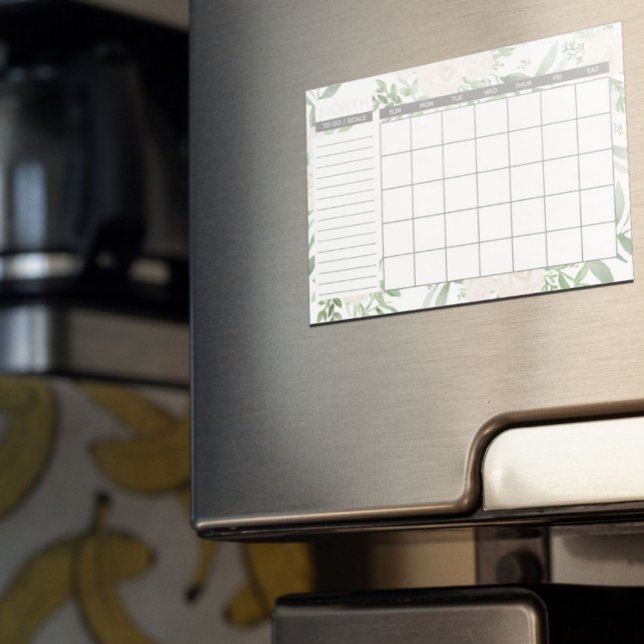 Elegant White and Green Floral Monthly Calendar Magnetic Dry Erase Sheet (Creator Uploaded)
