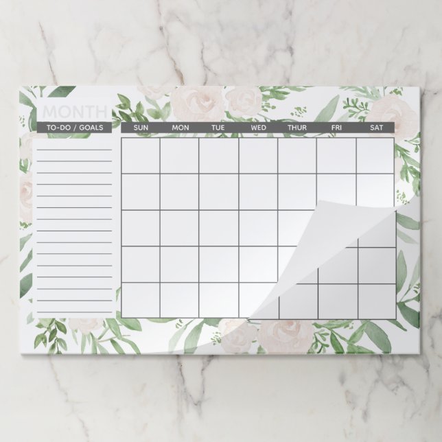 Elegant White and Green Floral Monthly Calendar Paper Pad (Folded)