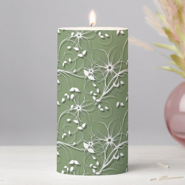 Elegant White and Green Graphic Floral Swirl Pillar Candle (In Situ)