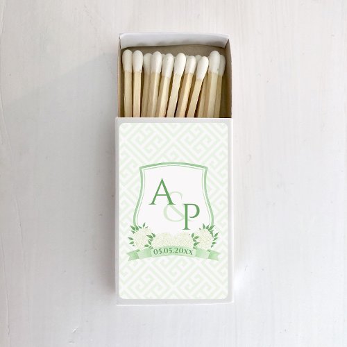Elegant White And Green Hydrangea Monogram Crest Matchboxes