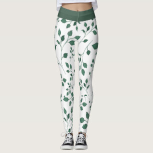 Elegant White and Green Leaf Pattern Print  Leggings