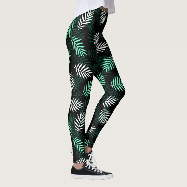 Elegant White and Green Palm Leaves Leggings (Right)