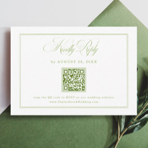 Elegant White and Green Wedding RSVP Qr Code  Enclosure Card