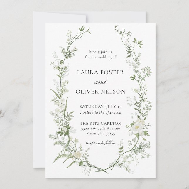Elegant White and Green Wildflower Wreath Wedding  Invitation (Front)