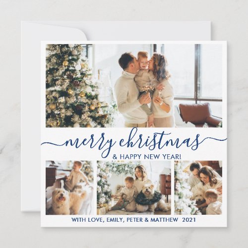 Elegant White and Navy 4 Photo Collage Christmas Holiday Card