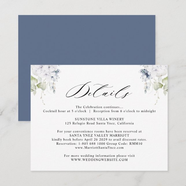 Elegant White and Navy Blue Floral Wedding Details Enclosure Card (Front/Back)