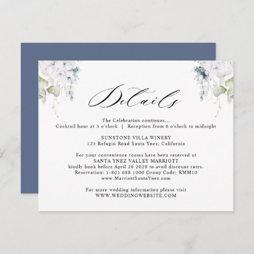 Elegant White and Navy Blue Floral Wedding Details Enclosure Card