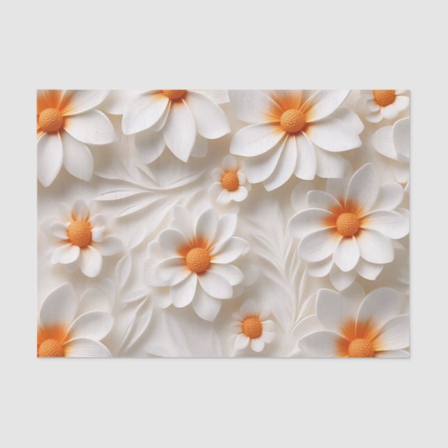 Elegant White and Orange Floral Textured Tissue Paper (Front)