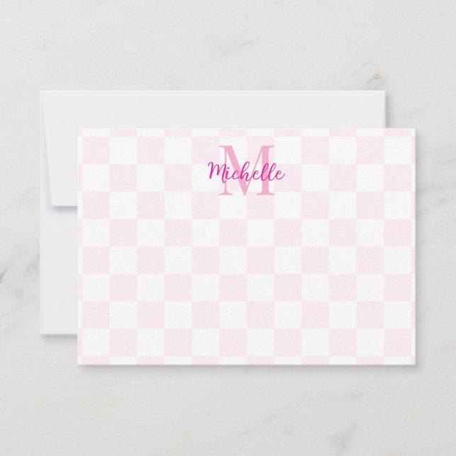 Elegant White and Pink Checkerboard Custom Name Note Card (Front)