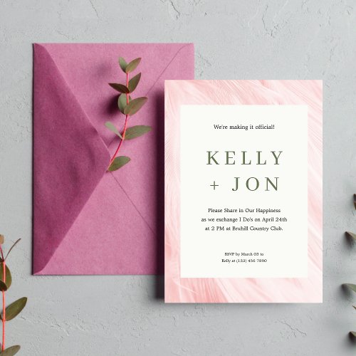 Elegant White and Pink Feather Wedding Invitation