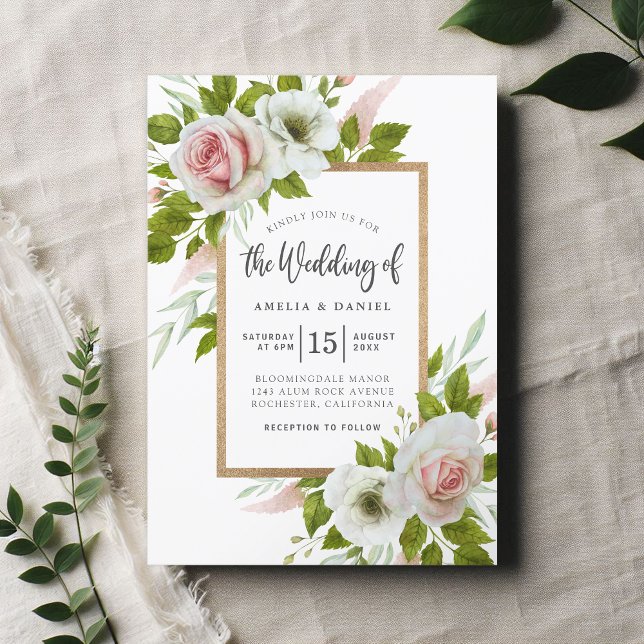 Elegant White and Pink Floral Watercolor Wedding Invitation (Creator Uploaded)