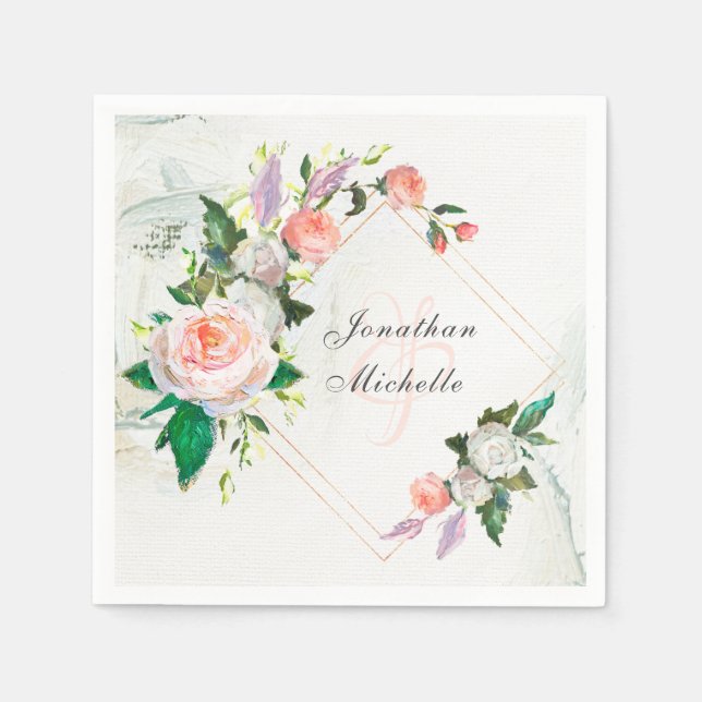 Elegant White and Pink Oil Paint Roses Wedding  Napkins (Front)