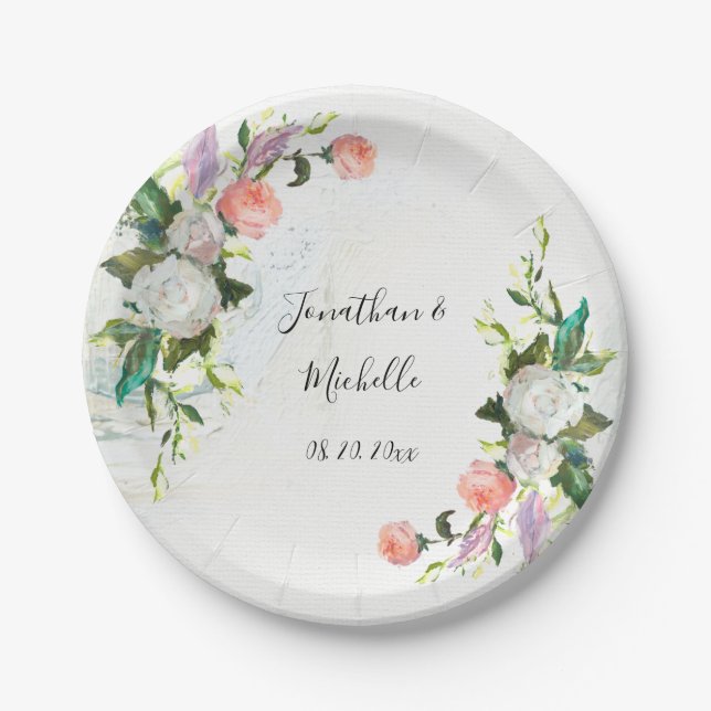 Elegant White and Pink Oil Paint Roses Wedding Paper Plates (Front)