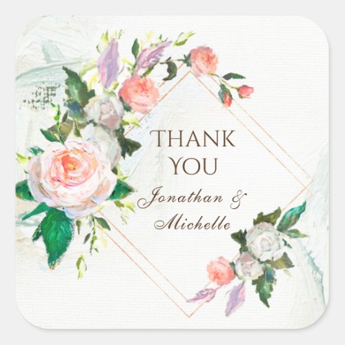 Elegant White and Pink Roses Wedding Thank You Square Sticker