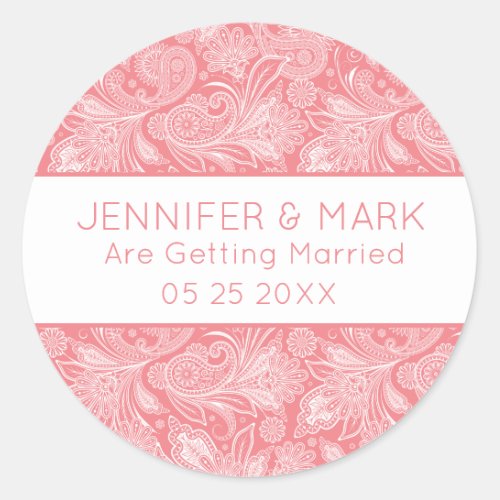 Elegant White And Pink Vintage Floral Paisley Lace Classic Round Sticker