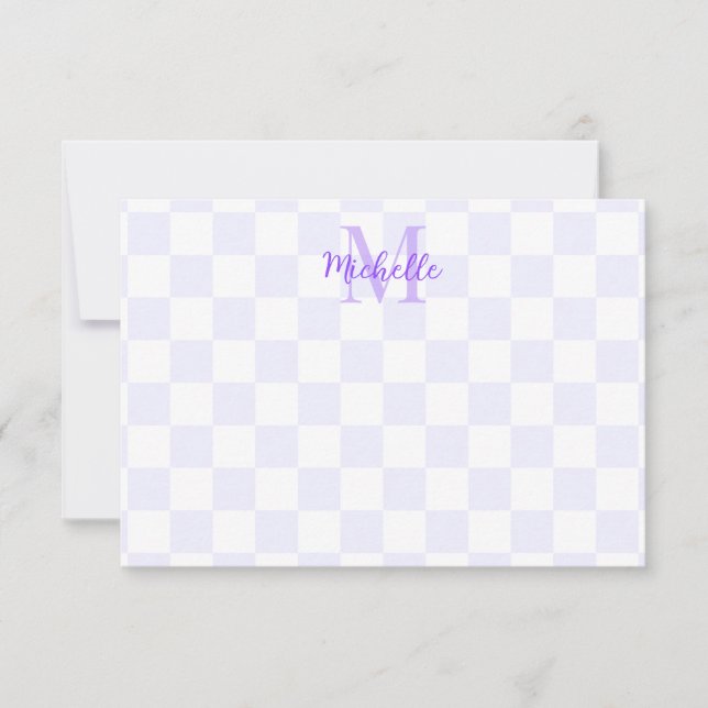 Elegant White and Purple Checkerboard Custom Name Note Card (Front)