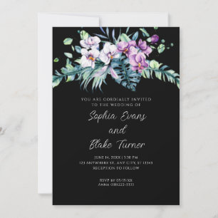 Elegant White and Purple Floral Black Wedding Invitation