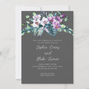 Elegant White and Purple Floral Gray Wedding Invitation