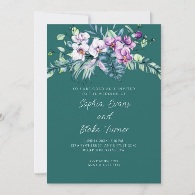 Elegant White and Purple Floral Green Wedding Invitation (Front)