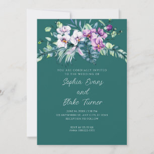 Elegant White and Purple Floral Green Wedding Invitation