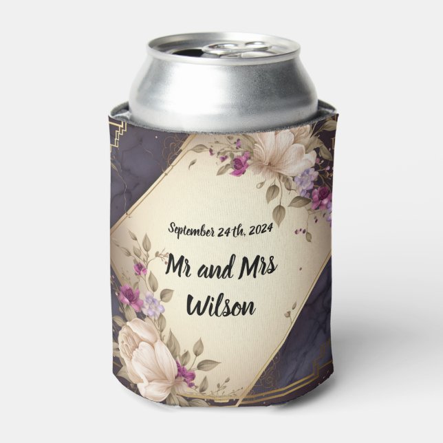  Elegant White and Purple Flowers on Marble Can Cooler (Can Front)