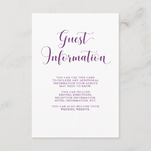 Elegant White and Purple Typography Guest Details Enclosure Card