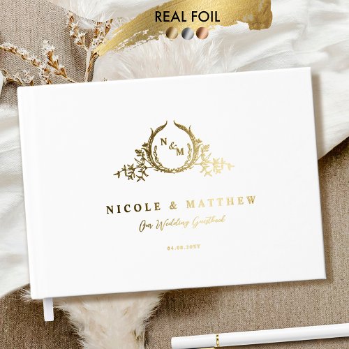 Elegant White and Real Foil Monogram Wedding Foil Guest Book