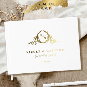 Elegant White and Real Foil Monogram Wedding Guest Book