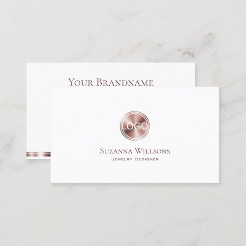 Elegant White and Rose Gold Circle with Logo Chic Business Card