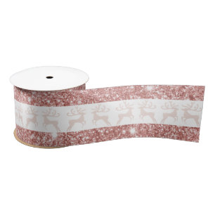 Elegant White and Rose Gold Glitter Christmas Deer Satin Ribbon