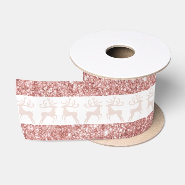 Elegant White and Rose Gold Glitter Christmas Deer Satin Ribbon (Spool)