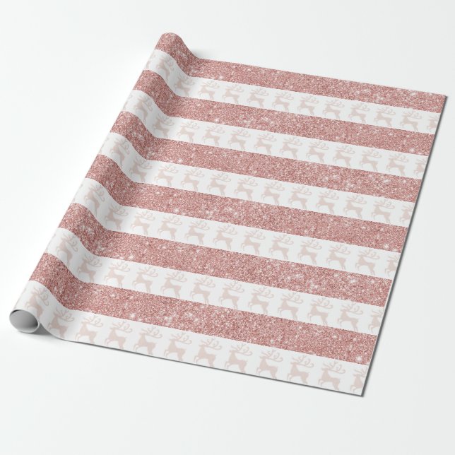 Elegant White and Rose Gold Glitter Christmas Deer Wrapping Paper (Unrolled)