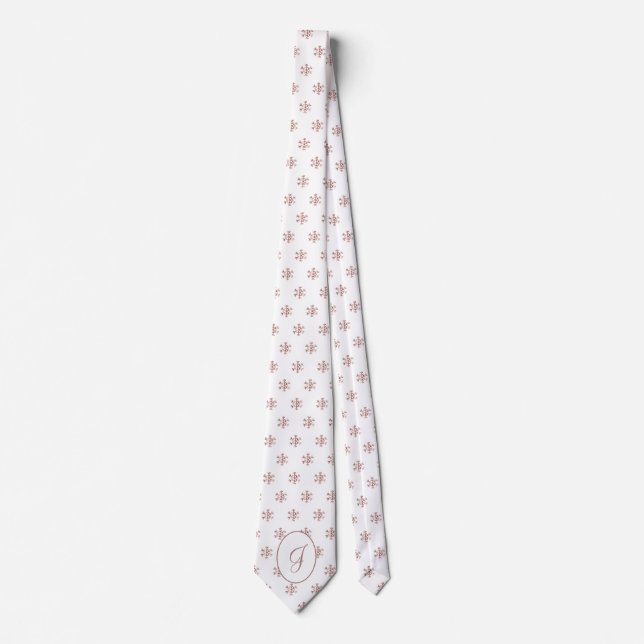 Elegant White and Rose Gold Snowflakes Monogrammed Neck Tie (Front)