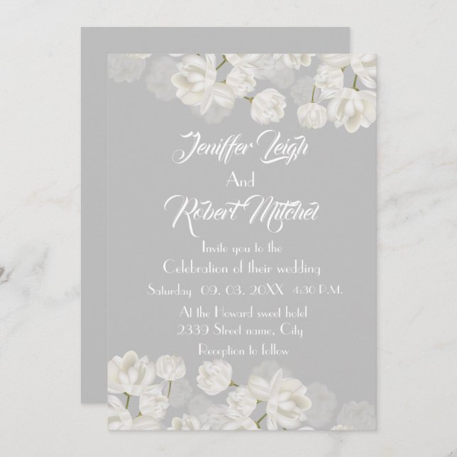 Elegant white and silver floral wedding invitation (Front/Back)