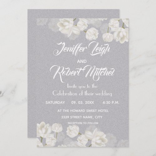 Elegant white and silver floral wedding invitation