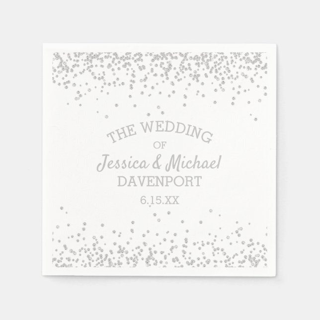 Elegant White and Silver Glitter Wedding Reception Napkins (Front)