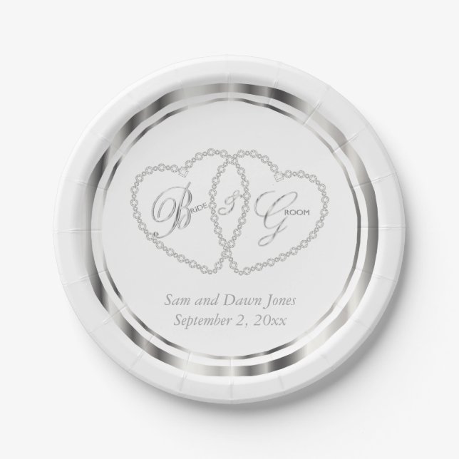 Elegant White and Silver Wedding Paper Plates (Front)