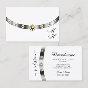 Elegant White and Silver with Monogram Diamonds Business Card