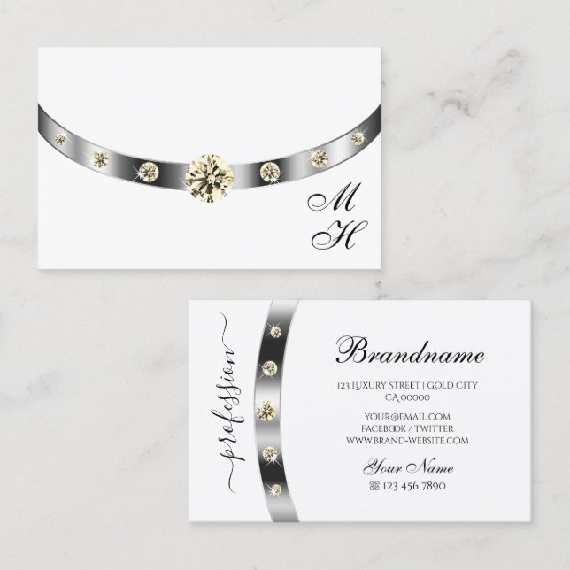 Elegant White and Silver with Monogram Diamonds    Business Card (Front/Back)
