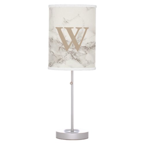 Elegant White and Taupe Marble Print Monogram Table Lamp