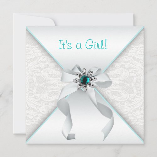 Elegant White and Teal Blue Baby Girl Shower Personalized Announcements