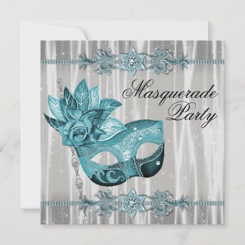 Elegant White and Teal Blue Masquerade Party Invitation