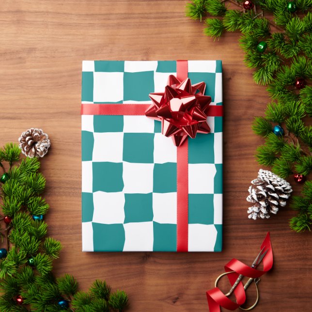 Elegant White and Teal Checkerboard Painting Wrapping Paper (Holiday Gift)
