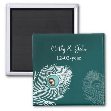 Elegant white and teal peacock save the date magnet