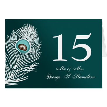 Elegant white and teal peacock table numbers