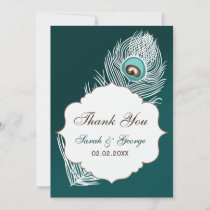 Elegant white and teal peacock Thank You Invitation