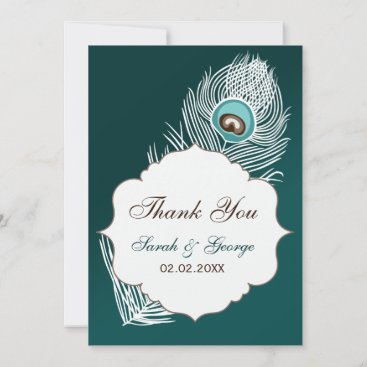 Elegant white and teal peacock Thank You Invitation